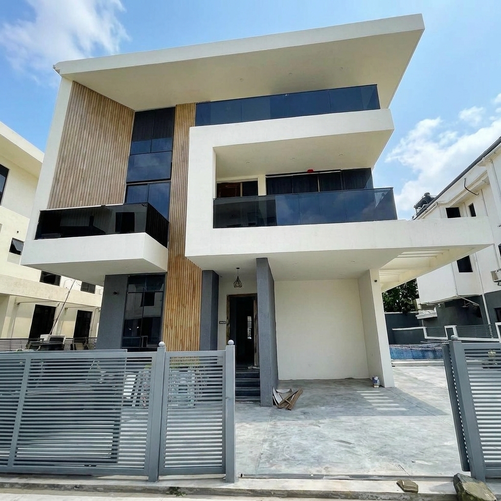 Modern multi-level luxury home featuring a white exterior, dark tinted glass balconies, a vertical wood slat accent wall, and a grey sliding gate.