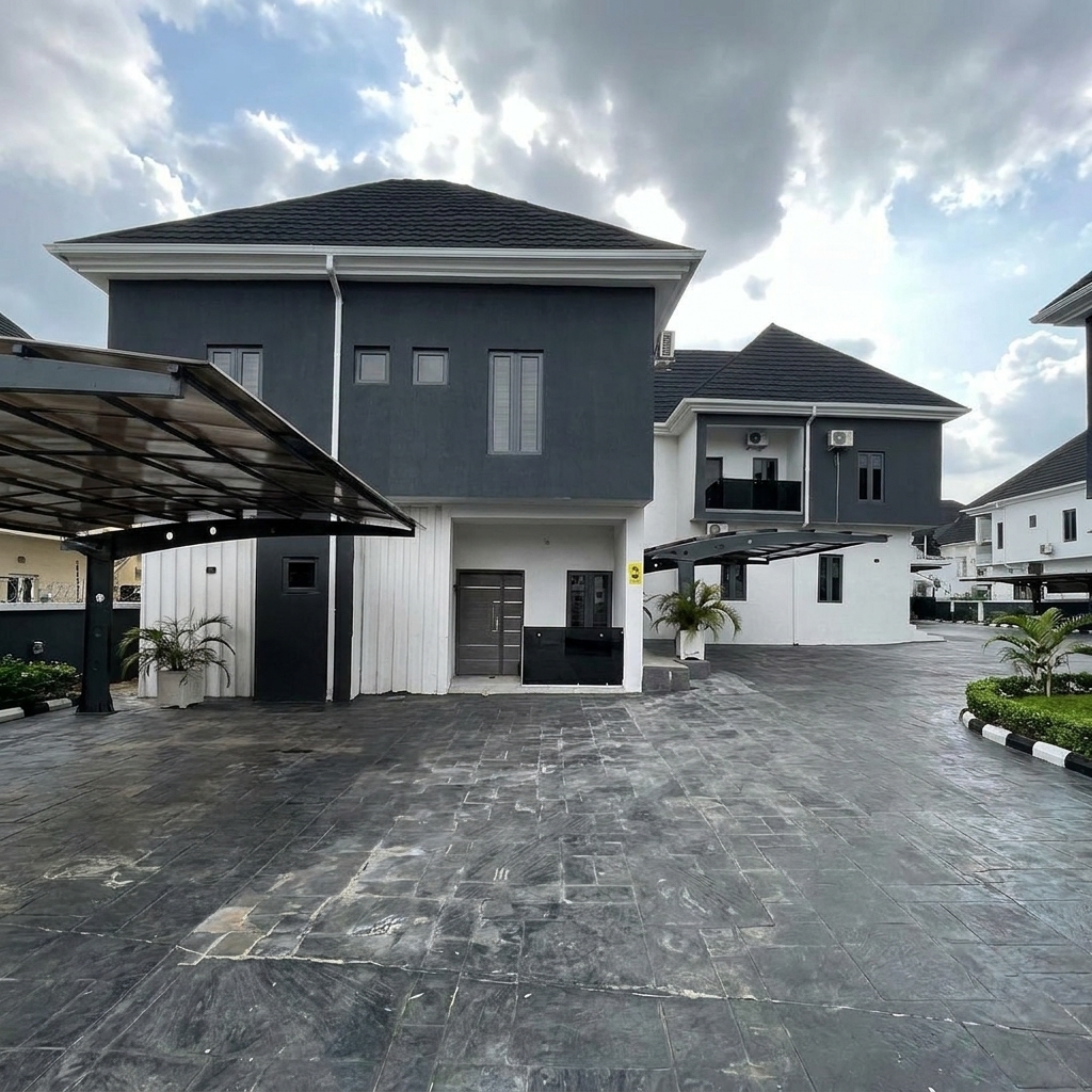 Exterior of a large modern house with a dark grey upper floor, white ground floor, a modern curved carport, and a large paved courtyard under a cloudy sky.