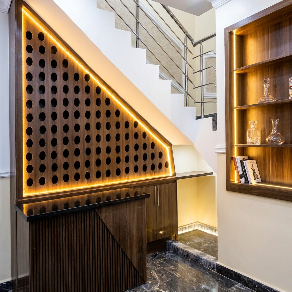 Custom wooden wine rack built into the space under a modern white staircase, featuring circular bottle slots, warm LED accent lighting, a fluted wood serving counter, and adjacent lit shelving displaying crystal decanters on a dark marble floor.