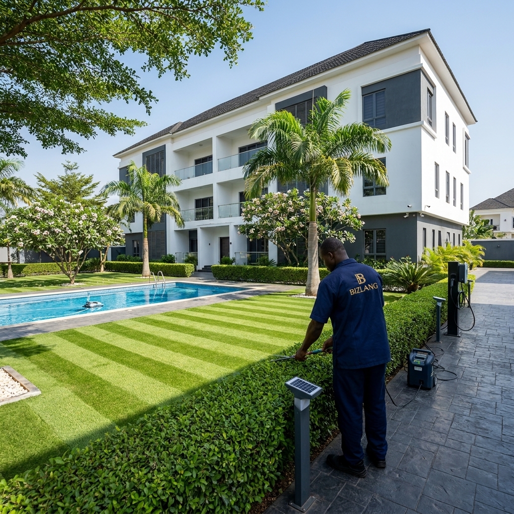 A professional groundskeeper in a navy blue Bizlang uniform carefully trimming a hedge at a luxury compound, featuring a perfectly manicured striped lawn, a pristine swimming pool, and a modern white and grey multi-story residential building under a clear blue sky.