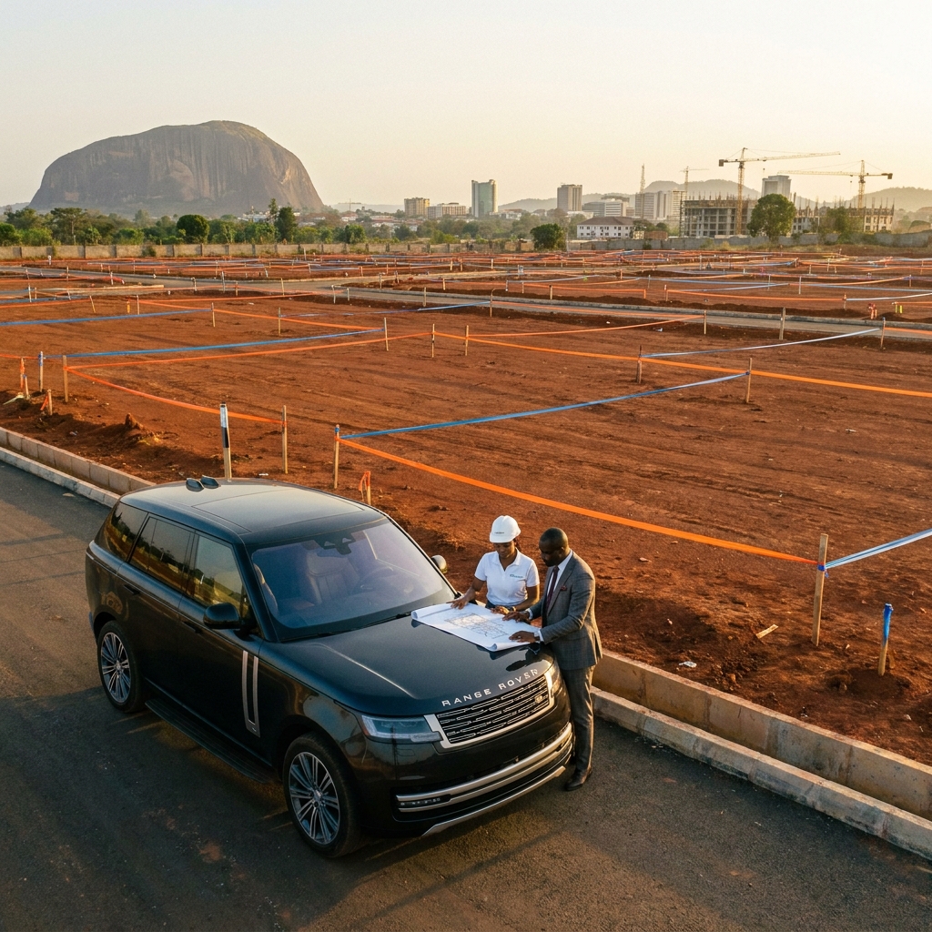 Two real estate developers reviewing a master plan on the hood of a luxury SUV at a neatly graded, early-stage construction site with surveyor stakes during golden hour.