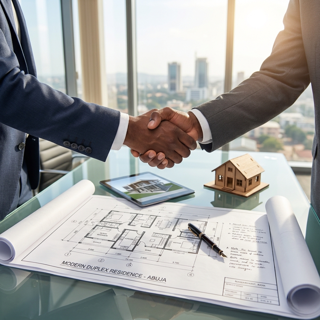 Two business professionals firmly shake hands across a large, polished modern glass desk. Spread open on the desk are detailed architectural blueprints of a residential development. A sophisticated executive office overlooking a blurred high-rise city skyline serves as the backdrop, emphasizing professional collaboration and successful property consultancy.